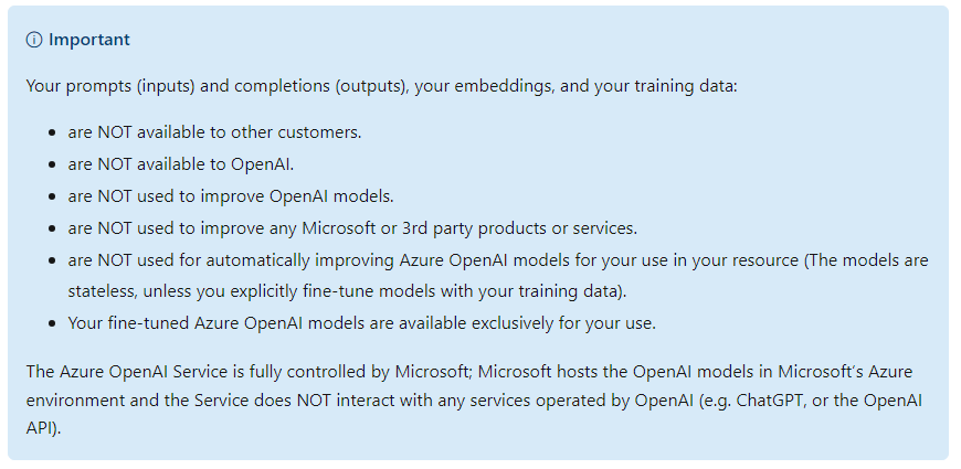 Disclaimer by Azure OpenAI service on data governance and security